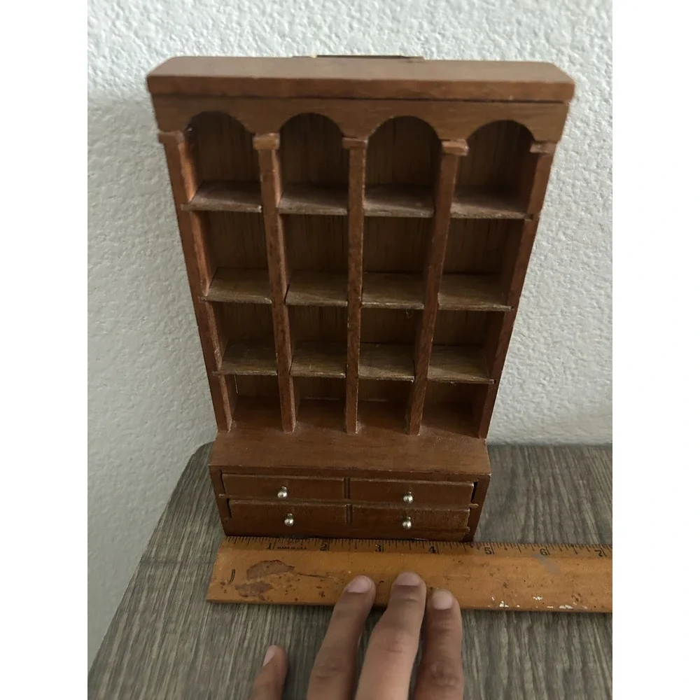 Vintage Wood Thimble Display Shelf 16 Cubby +2 Drawers Miniature Curio Wall 8